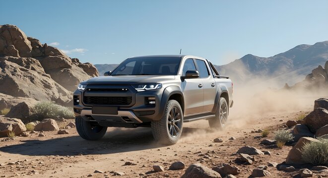 White pickup truck speeding through a dusty off-road desert trail surrounded by rocky terrain and mountains under a clear blue sky. Rugged adventure and outdoor exploration.