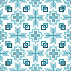 seamless pixel pattern blue color with geometric shapes  and flower.