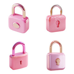 Four pink padlocks with gold accents isolated on transparent background, symbolizing security and protection