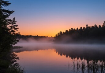 Fototapeta premium 静寂な湖面に映る幻想的な日の出風景