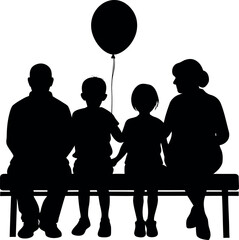 Vector art of a family with children sits on a bench with a balloon, enjoying a peaceful moment of love and togetherness
