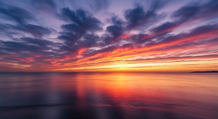 Fototapeta premium 夕焼け空と静かな海が織りなす、燃えるような美しい風景画