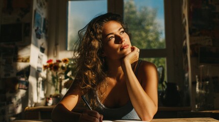 Fototapeta premium Girl Feeling Inspired While Journaling in a Sunlit Room Filled With Warm Rays and Creative Energy During the Afternoon