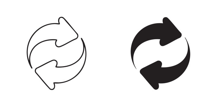 Two circular refresh arrows one outlined one solid black reload recycle