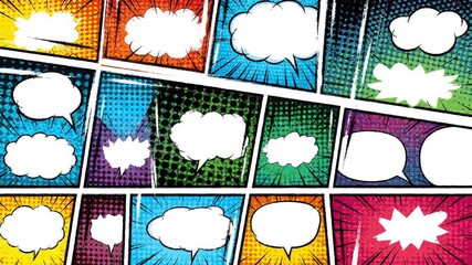 Dynamic comic book panels and speech bubbles animation, vibrant colors for creative content - Powered by Adobe