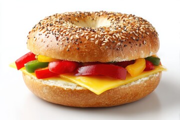Delicious bagel sandwich with cheese and colorful bell peppers isolated on white background