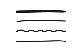 Hand-drawn black underline strokes set of 4 – minimalist vector collection of straight, curved and wavy marker pen lines for text emphasis, annotation, highlight, infographic or web UI design accents