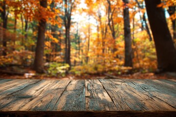 Rustic wooden table in autumn forest