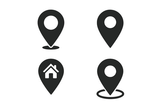 Black location pin icon set, four GPS map markers with house home and target symbols, simple solid geolocation pointers for navigation, mobile app UI, web map, route planning, travel guide design