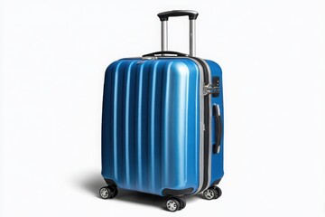Shiny blue ribbed suitcase with a retractable handle and wheels isolated on white background