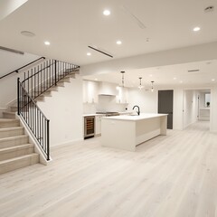 Modern Home Interior Featuring Open-Concept Kitchen, Staircase, and Bright White Hardwood Flooring