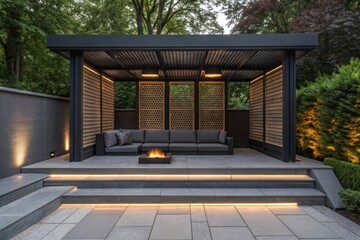 A modern gazebo with a cozy seating area and a fire pit creates an inviting outdoor space