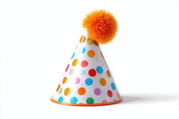 Colorful polka dot party hat with orange pom pom isolated on white background