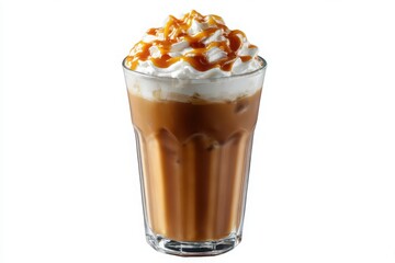 Delicious iced coffee with whipped cream and caramel drizzle isolated on white background