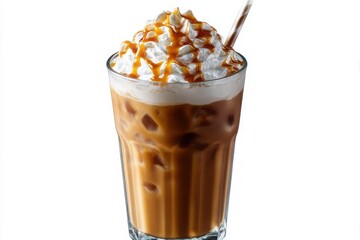 Delicious iced coffee with whipped cream and caramel drizzle isolated on white background