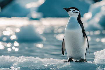 Elegant arctic birds thrive in their natural, icy environment surrounded by glaciers, snow, and the vast Antarctic waters.