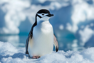 Fototapeta premium A serene wildlife scene showcasing penguins standing on snowy rocks amid the pristine, frozen seascape of Antarctica.