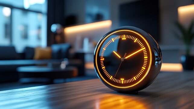 Modern clock on table, glowing orange, stylish room background