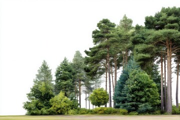 A cluster of diverse evergreen trees isolated on white background