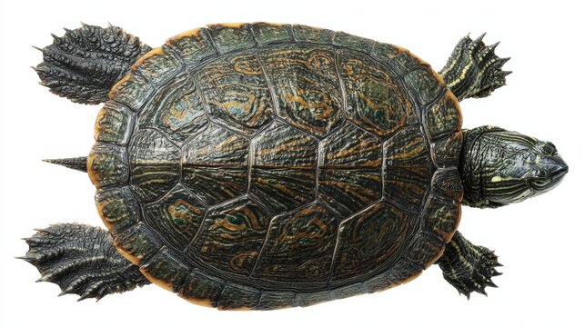 Top view of a freshwater turtle with a patterned shell on an isolated white background