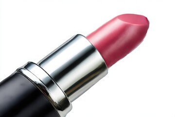 Close up of a pink lipstick bullet with metallic casing isolated on white background