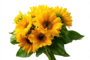 A vibrant bouquet of bright yellow sunflowers with green leaves isolated on white background