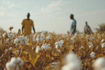 Farmers work in a cotton field, surrounded by blooming plants, on a sunny day under open skies.

