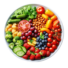 Rainbow Plate Fresh Fruits Vegetables and Protein for Health and Wellness on transparent background
