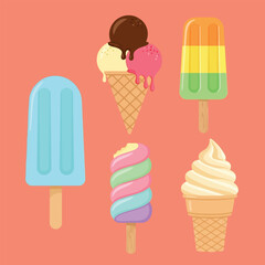 Assorted frozen treats on coral background ice cream