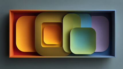 Abstract shapes nest in frame. Modern geometric art for backgrounds, web, or design. Concept of unity, layering, or depth. Matte finish, rounded corners.