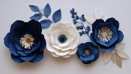 Paper flowers in navy & cream, arranged artfully