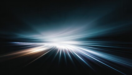 Abstract night road. Blurry light streaks radiate from a central point, suggesting motion and speed.  Dark background contrasts with streaks of  white, light blue, and orange light