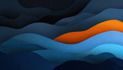 Abstract layered shapes in dark blues, light blue, and orange