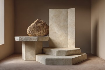 Abstract still life with textured stone and geometric pedestals