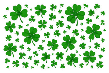 Lucky green clover leaf seamless pattern, shamrock set variation, spring botanical St. Patrick’s Day background illustration for wallpaper, wrapping paper, festive décor, Irish holiday vector