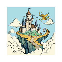 Ancient castle and church vector illustration in medieval fantasy style