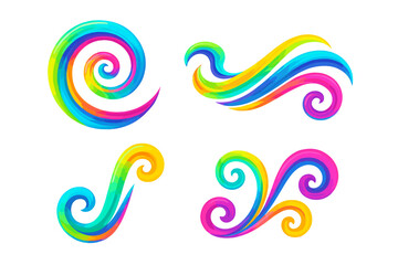 Vibrant rainbow swirl and wave ornament set – 4 colorful abstract spirals, curls, twirls, dynamic flowing lines, decorative flourish elements for logos, banners, motion design, festive projects