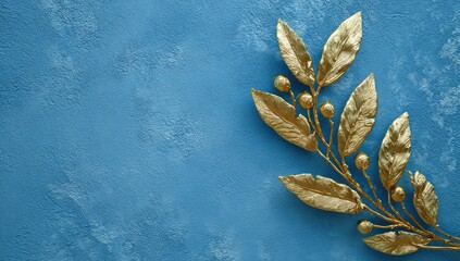 Gold leaf garland on a textured blue background