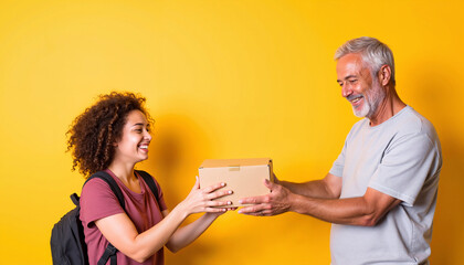 Young woman receiving package from smiling elderly man indoors  