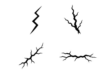 Abstract jagged crack fissure crevice set – 4 black silhouette fracture icons for earthquake damage, broken wall, shattered ground texture, dramatic lightning-style split line art background elements