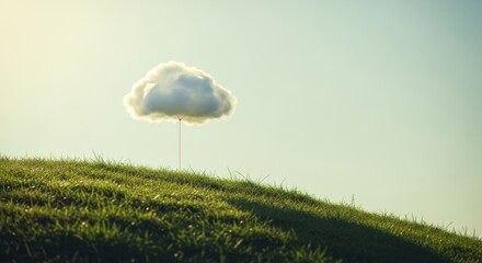 A fluffy white cloud floating over a green grass hill being held by a red string or piece of yarn, surreal scene