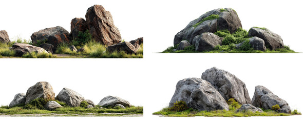 A collection of natural rock formations covered in moss and grass isolated on transparent background