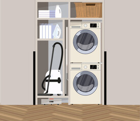 Utility Cupboard for storage, washing machine, dryer, robot vacuum cleaner, ironing board.