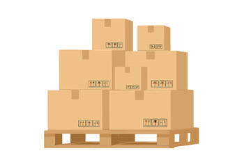 Cardboard boxes on a wood pallet. Warehouse stack front view. Cargo delivery vector illustration. Packaging, shipping, parcel and logistics concept. Goods storage.
