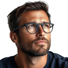 Contemplative Man in Glasses Gazing Upwards Portrait on Black Background on transparent background