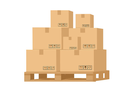 Cardboard boxes on a wood pallet. Warehouse stack front view. Cargo delivery vector illustration. Packaging, shipping, parcel and logistics concept. Goods storage.