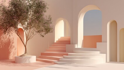Peachy pastel courtyard with a tree