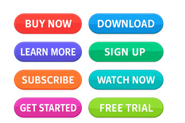 Vector call to action web buttons set for UI UX design. Colorful collection includes buy now, download, sign up, subscribe. Interface elements isolated on transparent background.