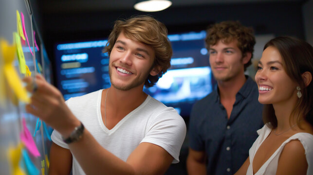 Team of professionals collaborating and brainstorming ideas around a digital whiteboard. Engaging and productive scene ideal for teamwork, corporate culture, innovation, and office content