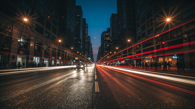 Light trails illuminating busy night street with commuters and cars